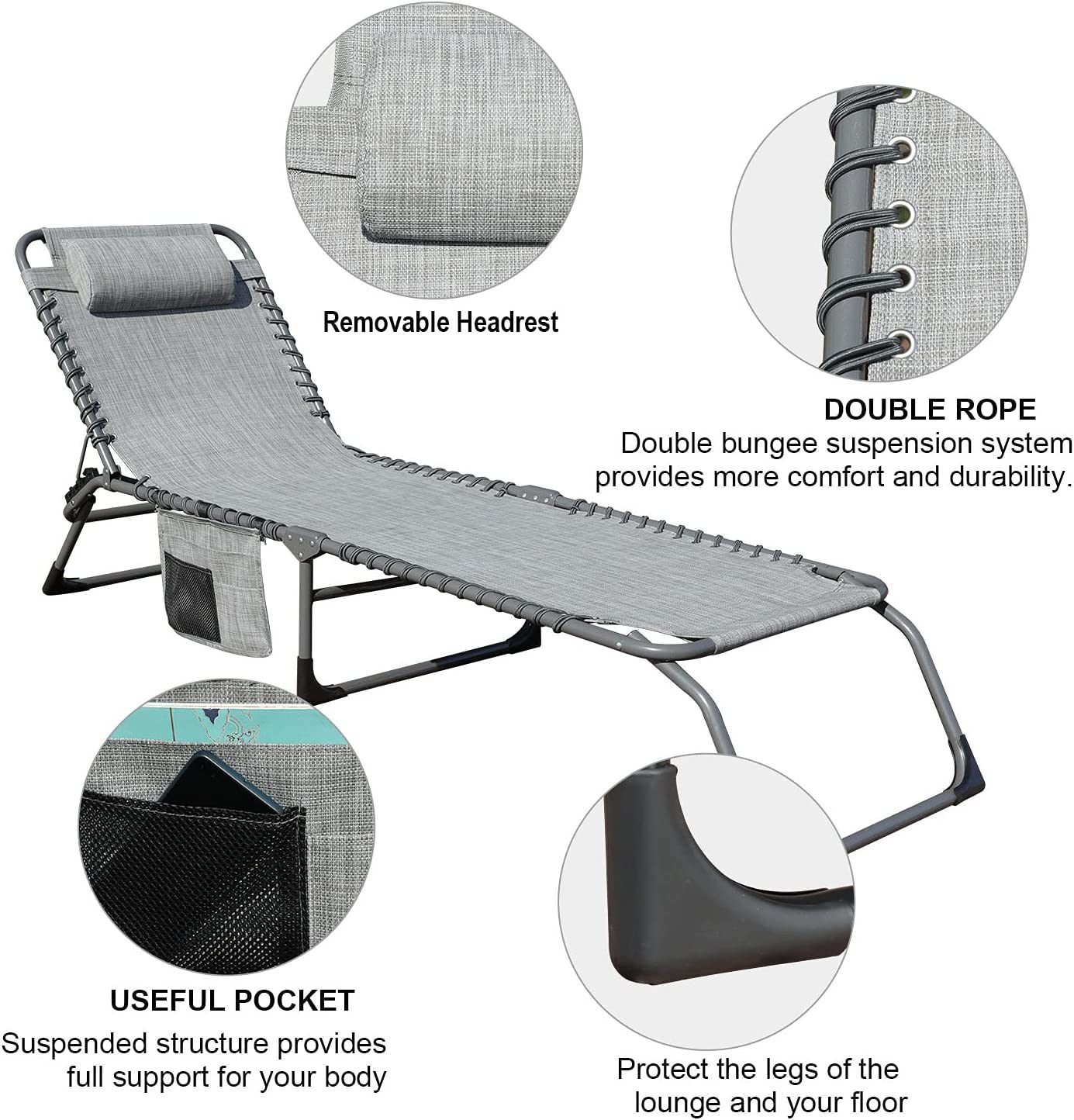 Foldable Patio Chaise Lounge Chair for Outdoor with Detachable Pocket and Pillow, Portable Adjustable Sun Lounger Recliner for Beach, Camping and Pool Doba